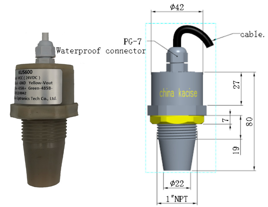 IP68 5m Ultrasone waterniveaumeter RS485 output liquide Level Sensor PVDF KUS600