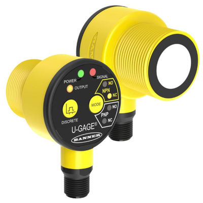 Banner T30UX-serie ultrasone sensor met temperatuurcompensatie, 4-20 mA analoge uitgang en IP67-classificatie voor industriële nabijheidsdetectie