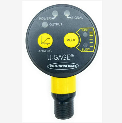 Banner T30UX-serie ultrasone sensor met temperatuurcompensatie, 4-20 mA analoge uitgang en IP67-classificatie voor industriële nabijheidsdetectie