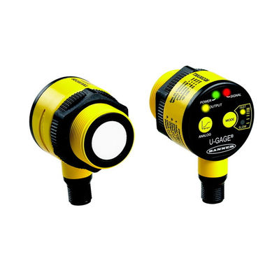 Banner T30UX-serie ultrasone sensor met temperatuurcompensatie, 4-20 mA analoge uitgang en IP67-classificatie voor industriële nabijheidsdetectie